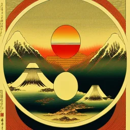 Ukiyo-e styled art, yin and yang sign, mountains and sun