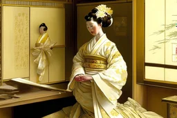 **Orientalism masterpiece of woman in geisha clothes interior is hyper detailed --ar 13:10 --v 5.1