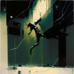 Minimal abstract oil painting of a falling person limbs sinew. Amongst concrete fragments brutalist architecture and hanging wires illuminated at night. In the style of Justin Mortimer and Phil Hale and Ashley Wood