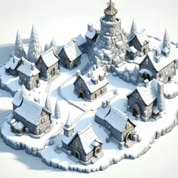 Snow-covered village made of stone, stone towers, stone wall. map perspective 2d