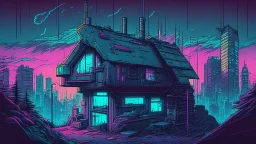 small german Cabin, In cyberpunk city-skyline, comic style, realistic coloring