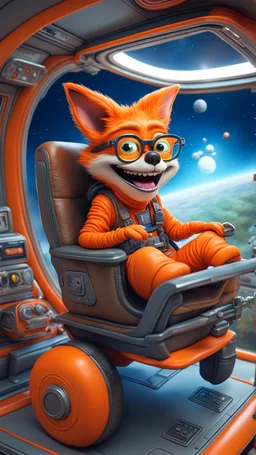 big ass space hairy hi tech alien gremlin orange laughing leather fox cowboy with glasses in tiny cart chair jumping round in space in a weird living space camper ship driving down weird twisted tube track in space station jungle, spell jammer, Pixar-inspired, expertly crafted in a whimsical and vibrant cartoon style. is masterfully rendered in a lifelike 3D design, which captivates viewers with there irresistible charm. The background is filled with warm, inviting colored stars and a 3D rende