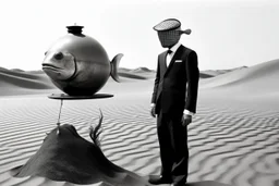 imitating analog photography in black and white, man with a fish tank instead of a head, three-piece suit, in a desert, realism, white and black photographic