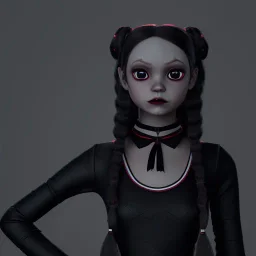 Jenna ortega with wednesday addams black dress,soft goth libstick, wednesday addams make up, dramatic lighting, highly detailed, volumetric lighting, unreal engine, 8k