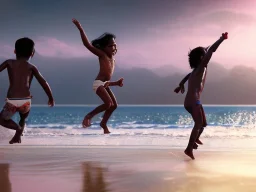 indian children jumping in the water on a beach capture them against the sun and make an art silhouette, hyper details, real sharp, 8k, cinematic movie