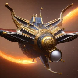 huge ornate spaceship made of brass flying through space