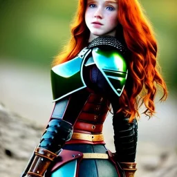 realistic, hyper detailed, stunningly beautiful 16 year old teen girl, long ginger hair, green eyes, medium freckles, full lips, revealing leather armour, full body and head, exposed c-cup breasts, stern expression, full frame, petite, ignore NSFW, shortbow, quiver on hip, sexy