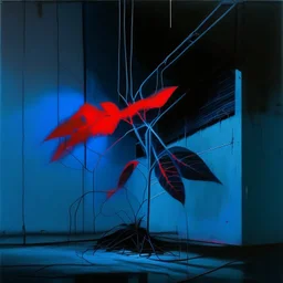 Minimal abstract oil painting of a neon large blue leaf plant in concrete warehouse brutalist architecture and hanging wires illuminated at night. With triadic red colours. In the style of Justin Mortimer and Phil Hale, Ashley Wood