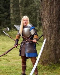 strong medieval warrior with short blond hair, blue eyes and wide warm smile with an axe with green and brown clothes