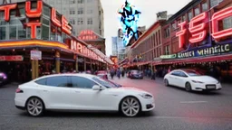 A Tesla's 'Model S Plaid' is racing at top speed, across the 'Pike Place Market', in Seattle. CINEMATIC. WIDE ANGLE LENS. PHOTO REAL.