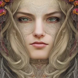 portrait,"Insanely detailed photograph of a beautiful nordic vestal priestess,gorgeous clean face, highly intricate dress,intricately designed colorful flowers in hair,elegant, highly detailed hair, digital painting, artstation, concept art, smooth, sharp focus, illustration, art by artgerm and greg rutkowski and alphonse mucha, 8 k,looking downward,album cover art,fantasy