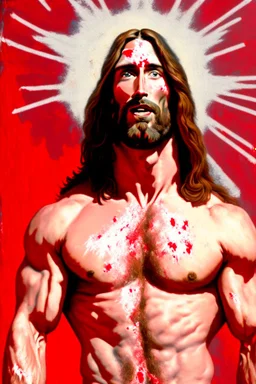 "Beefcake Jesus" depicts a satirical portrait of a sexy muscular Jesus that has had red paint splattered on it by Fundamentalist protestors