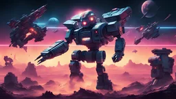 "Captivating Climaxes - Crafting Powerful Endings," designed in the style of an 80s action movie, depicting an intense robot battle with spaceships in the background. make it like a memorable ending to a movie