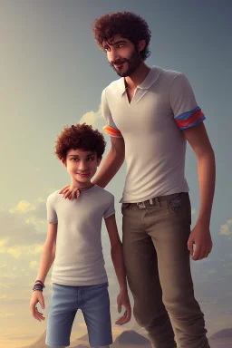 a single 50 year old man embraces a single, beautiful, smiling, skirtless 12 year old arabic boy with long, curly hair and light blue eyes