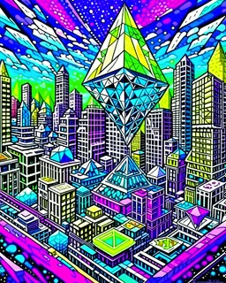 Ethereum Superweapons in an imaginative landscape of a futuristic metropolis in an ethereum gas war with towering skyscrapers, advanced transportation systems, and vibrant public spaces, in the style of cubism, geometric shapes, bold colors, and multiple perspectives, influenced by the works of Pablo Picasso and Georges Braque, envisioning the possibilities of urban life in the future.