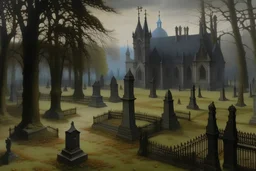 A graveyard near a haunted mansion painted by The Limbourg Brothers