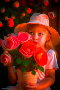 A little girl from Russia at the age of 7 years holds a lot of roses and puts them on her face, and she wears a white Bucket Hat, she puts the roses in front of her face, so her face does not appear, so her face does not appear,(Many Flowers: 1.2), Soft Light, Golden Hour, Upper Body, HDR, 8k, Natural Skin Texture, AO, Intricate, Highly Detailed, Sharp Focus, Crazy Detail, Intricate Detail, Highly Detailed ,The girl looked down