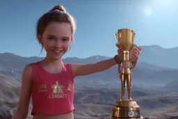 Girl 3d character with creative trophy with his hand like winner stand on stage.
