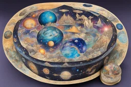 a box for storing things with beautiful drawings a lot of colours, very detailed, angels, minerals, planets space, galaxies, pyramids on a planet