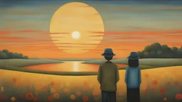 Two happy friends watching the sunset in art brut style by Duy Huynh