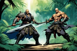 (in the style of Orion, by Masamune Shirow) DUEL: a tattooed gangsta monk with his staff fights against a paladin knight with his two handed sword zweihander in the jungle
