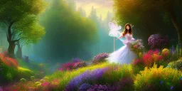 bright fairy, beautiful portrait, flowery landscape