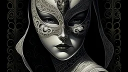 A mesmerizing close-up portrait of a masked woman, her mysterious, captivating eyes drawing the viewer in. The mask is intricately designed, featuring a delicate white lace pattern across her cheeks. She is dressed in a tight, form-fitting black period costume that accentuates her elegance. In the foreground, a chess table showcases bizarre, biomorphic creature pieces, each meticulously detailed and unique. The background is dark and mysterious, adding to the enigmatic atmosphere of this captiva