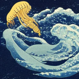 An astronaut floating in space surrounded by a halo of glowing jellyfish, done in the style of Hokusai's The Great Wave off Kanagawa