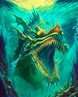 90's TCGn retro fantasy art of a sea monster under the water