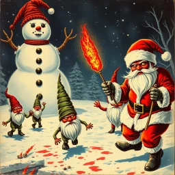 there is no kebabs at christmas, evil Santa, evil gnomes running around, staring flaming eyes, evil Rudolf, very big evil angry Frosty the snowman in background, kebabs and kebab, 1940 christmas postcard, blood stains, scared kerubs