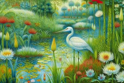 Richly textured mixed media layered painting in the styles of Georges Seurat, Samuel Palmer and Georgia O'Keeffe, a dreamy lily pond with wildflowers and lime grass, with a beautiful crane standing in the far background amidst a thicket of cattails. insanely detailed crisp HD quality. metallic pastel colours. Modifiers: Arthur Rackham Paul Klee pen and ink JAMES R. EADS dreamy expressionism 3D shading Edward Gorey metallic colors Esao Andrews Acrylic Pouring hallucinatory dramatic atmosphere and