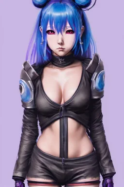 Detailed cute anime Kunoichi girl, blue hair buns, purple bangs, black latex bodysuit, intricate details, full body portrait, keep head in frame, slight smile, black Japanese motif, concept art, highly detailed, digital painting, concept art, sharp focus, illustration, art by Yoji Shinkawa, WLOP and greg rutkowski and alphonse mucha and artgerm and yanjun Chen and Junji ito and Makoto Shinkai, HDR, octane render