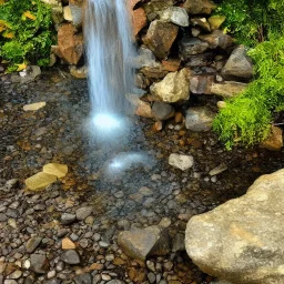 waterfall with river, stones, rich detail, on rock pillar, lake in front, hogwarts, mist, lumen reflection