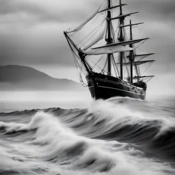 tallship,minimalist, cool, clinical, urban, iconic, conceptual, sparse, black and white, rough seas,cloudy,stormy,