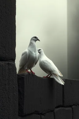 Extremely realistic photo of two white doves prison wall , fog, general foul weather, (Rembrandt Lighting), zeiss lens, ultra realistic, (high detailed skin:1.2), 8k uhd, dslr, Dramatic Rim light, high quality, Fujifilm XT3, artwork in pale distressed tones , minimalistic approach, blends old world aesthetics art with elements of distressed painting and illustration, shadow play, high conceptuality, palette inspired by Charlene Mc Nally,