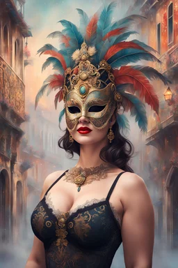 Generate an illustration of a festive carnival venetian antique mask over a low poly plus size beauty female wearing lace crop top, ultra detailed 32k , full body, the joyful atmosphere over a misty Venice landmark, steampunk , shunga painting art, mood, nigh time, leica m6