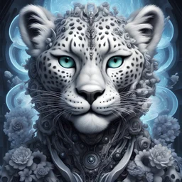 A striking and complex portrait in Pixar animation style of a snow leopard, infused with elements of H.R.Giger's biopunk craftsmanship. Cybernetic fractals meld seamlessly with the forms of the animal, creating a fusion of natural and artificial that blur the lines between the two. In the background, cybernetic flowers bloom under the gentle rays of a sun, casting a warm glow to the scene on a misty evening. This dramatic reinterpretation of wildlife borrows the imaginative detail from artists T