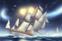 A sailboat of which front is Medusa head is flying into the universe.