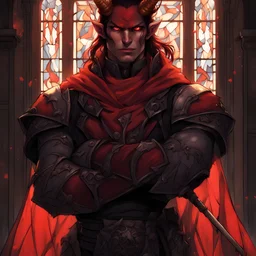 Fantasy, Red Male Winged Tiefling, Sorcerer, Horned, Long Black Hair, Red Skin, HD