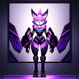 a fox fursona, darker colors, master quality, backlighting, soft lights, full body portrait, in frame, 8k, furry, fur, black and purple color pallet, robotic enhancements, cyberpunk, anthropomorphic