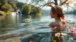 very beautifu lady is Breaststroke swimming in a beautiful river in country side with water falls and big tree,wild flowers and, swans pertty coloful fishes in river ,a pretty Deer with horns in inside plants,butterflies around flowers,heaven escape,