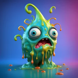 A whimsical dripping, slimy gooey monster, playful, colourful, 3d render, maya, highly detailed, Z brush, cgi, Pixar 3D art, jelly wobbly texture, 1 large creepy eye, fun scary, animated realism, funny feet, ((blob)), quirky, funny feet,