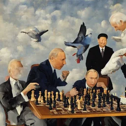 Putin, President Xi Of China And Joe Biden Play Chess With A Pigeon,Ufo,Complex Surgical Instruments Intermixed With A Newborn Boy,Minimalism,Painting By Adrian Ghenie,Rene Magritte,Pablo Picasso,Michelangelo,Salvador Dali,Lucian Freud