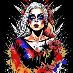 Lady Gaga as a sexy evil demon portrait || watercolor T-shirt art, minimalist, rich colors, sinister, by Zdzislaw Beksinski, by Carri Ann Baade, artistic diffusion, ink splatter.