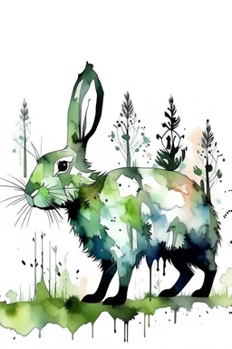 Watercolour effect, rabbit, forest abstract,roschCh ink blot test, white background, muted colour's.no black outline, no black colour only white more watercolour blobs, no black outline, other colours