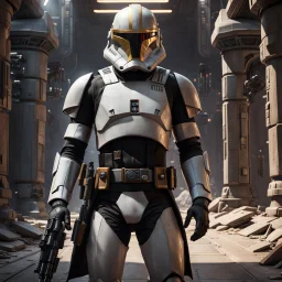 star wars bald male corellian pilot wearing pearlescent black and gunmetal grey First Order special forces heavy assault stealth commando armor and helmet with gold trim inside the jedi temple, hyperdetailed, dynamic lighting, hyperdetailed background, 8k resolution, volumetric lighting, light skin, fully symmetric details