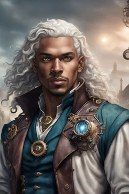 31 years old mulatto male sorcerer, with wavy snow-white hair, green eyes, dressed in a steampunk style