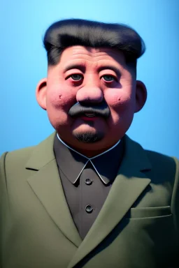 Waist up muppet Portrait, Kim Jong-un as muppet doll, black suit, photo studio, blue background, unreal engine 5, concept art, art station, god lights, ray tracing, RTX, lumen lighting, ultra detail, volumetric lighting, 3d.