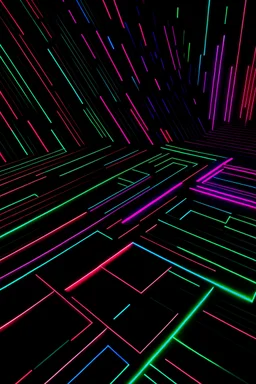 3D rendered tilable regular geometric background in black with neon data strands, high definition