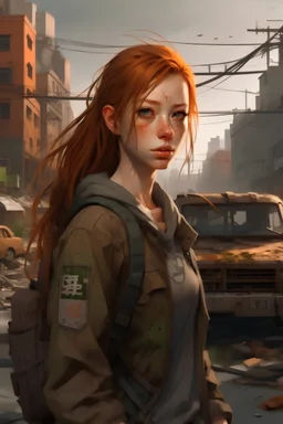 ginger girl in a post apocalyptic city,one, in a semi realistic semi anime style